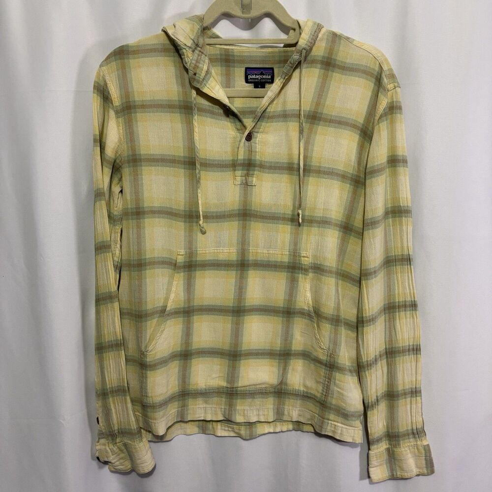 Patagonia Mens Steersman Hoodie Pullover Small Yellow Green Plaid Organic Cotton
